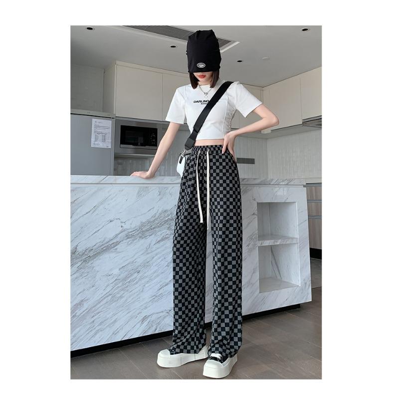 Kalhoty pro ženy Letní Nové Klimatizační Chladivé Kalhoty Ledové Hedvábí Vlákno Tištěné Kalhoty s Širokými Nohavicemi pro Ženy Šachovnicový Vzor Kostkované Ležérní Rovné Kalhoty