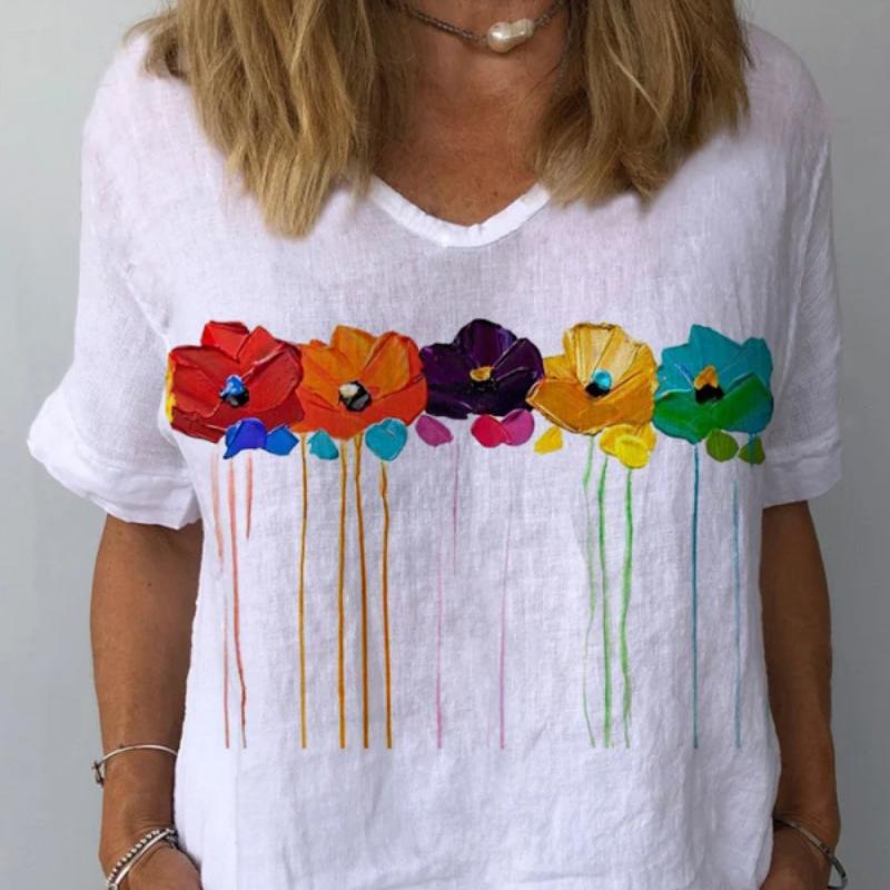 2024 T Shirt Women Print Women Cat T Shirt New Summer Short Sleeve V-Neck Casual Loose Top Oversize Female Streetwear Top Size