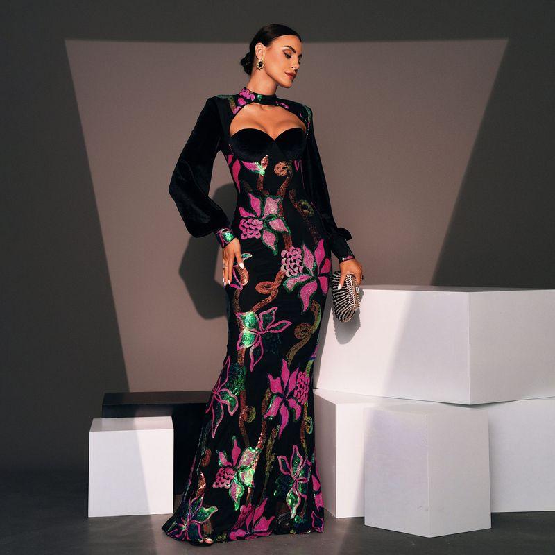

Cross-Border Fashion Long Sleeves Temperament Crew Neck Sexy Cutout Long Sequin Banquet Evening Dress Bridesmaid Dress Dress Women Black XS