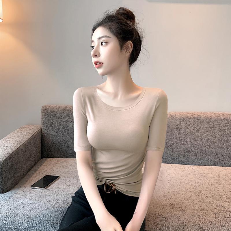 Women's Black Slim-Fit Modal Half-Sleeve Round Neck T-Shirt