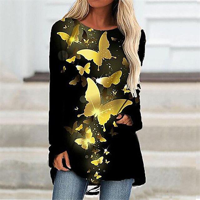 Móda Ženy Letní tričko Barevné tričko s potiskem motýla Outdoorové tričko s kulatým výstřihem volné Dámské Top Oblečení Plus velikosti S-5xl