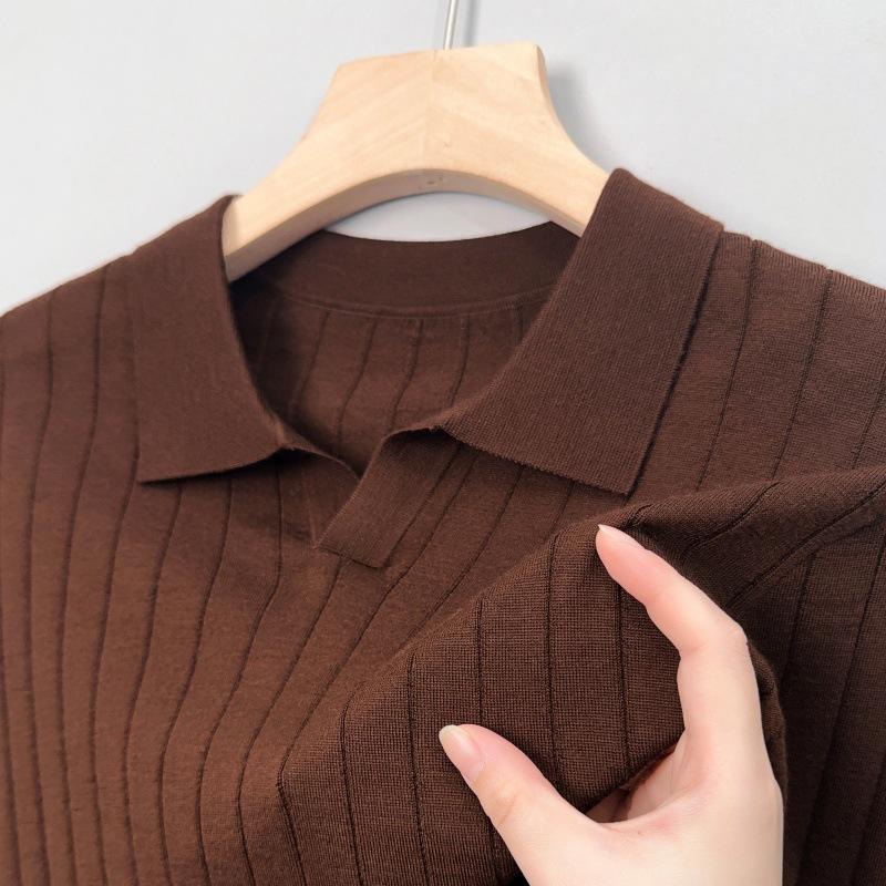 Men s Korean Style Ultra-Fine Merino Wool Striped Lapel Long Sleeve Top L