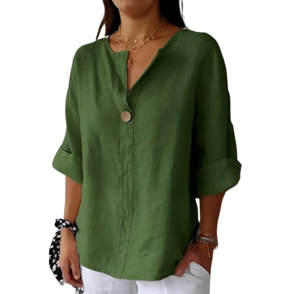 Women's Fashion Casual V-Neck Buttoned 3/4 Sleeve Cotton Linen Top