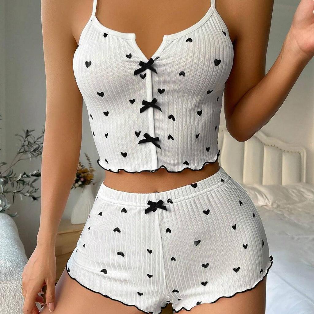 Ensemble pyjama camisole à imprimé cœur et nœud - Ensemble deux pièces confortable en côtes pour la détente