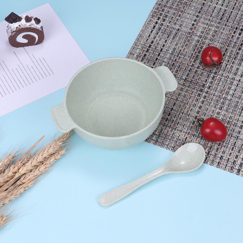 Dětská pšeničná jídelní sada: Miska s dvojitými uchy a lžíce odolné proti pádu a s tepelnou izolací