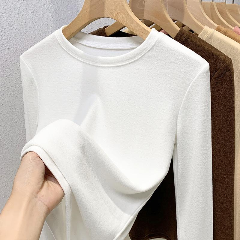 Double Sided German Velvet Base Shirt for Women's Autumn and Winter Basic Round Neck Brushed Long Sleeved Warm Inner Elastic Top