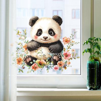 Cute Panda Floral Wall Sticker Self-Adhesive Removable for Bedroom Living Room Hallway Dorm Home Decor Art