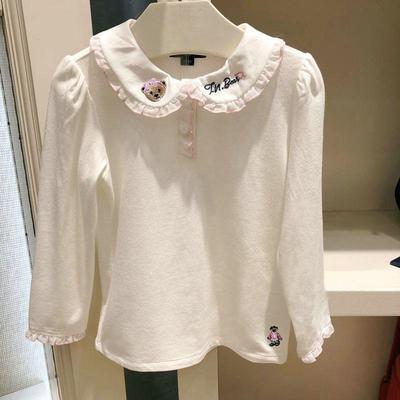Baumwoll-Langarm-T-Shirt für Mädchen mit Bärenstickerei und Spitzenkragen, Frühlings- und Herbststil für ältere Kinder.