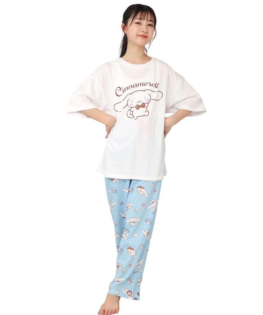SAZAC Cinnamoroll Pajama Set for Cotton Short Long and Top x Women, Jersey, Sleeves, Pants, T-Shirt, (White Turquoise/M/SAN1806)