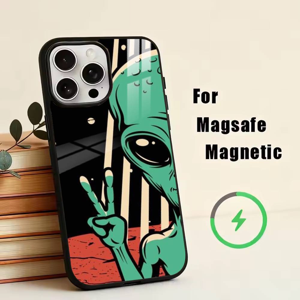 

U- Funny Space UFO Alien Phone Case For iPhone17,16,15,14,13,12,11 Plus,Pro Magnetic with Magsafe Wireless Charging iPhone13PROMAX
