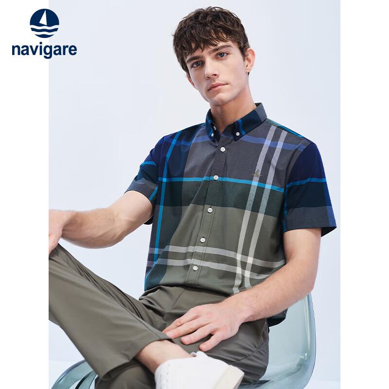 Navigare Men s Cool-Feel Cotton Plaid Short-Sleeve Shirt S/38