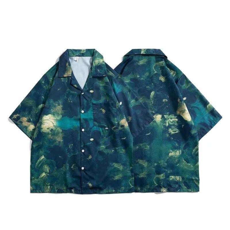 

Летняя мужская мода, гавайская рубашка с кубинским воротником, корейский стиль, пляжные рубашки с коротким рукавом и цветочным принтом, темно-зеленый
