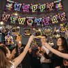 Colorful Happy New Year Banner & Hanging Swirls, Neon Themed 2026 Happy New Years Paper Banner Ceiling Swirl Streamers for New Years Eve Party