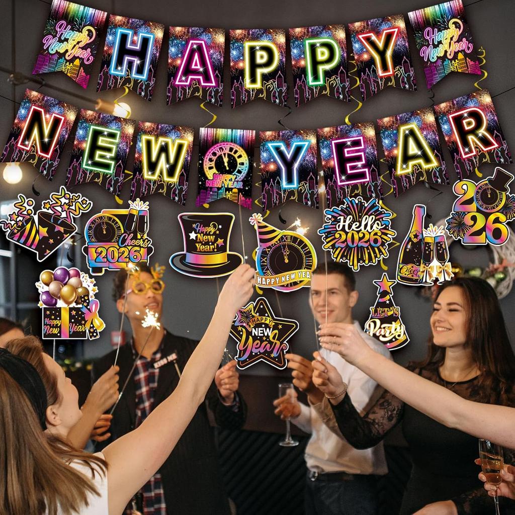 Colorful Happy New Year Banner & Hanging Swirls, Neon Themed 2026 Happy New Years Paper Banner Ceiling Swirl Streamers for New Years Eve Party