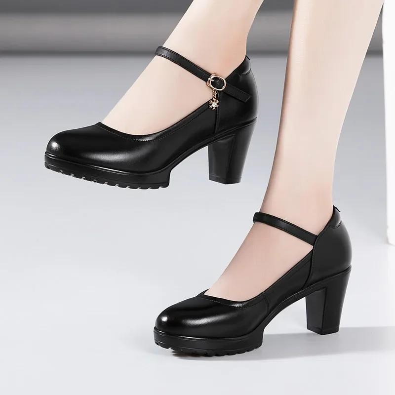 Fashion Cowhide Women's High Heel Shoes with Heels Platform Mary Jane Shoes Women Pumps Office Work Shoe Women's Wedding Shoes 32-43