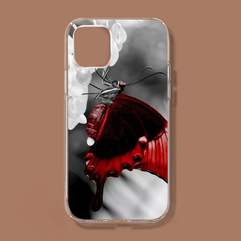 Červený motýl na bílých růžích květinový kryt na telefon pro iPhone 11 12 13 Mini Pro Xs Max 8 7 6 6s Plus X 5s Se 2020 Xr