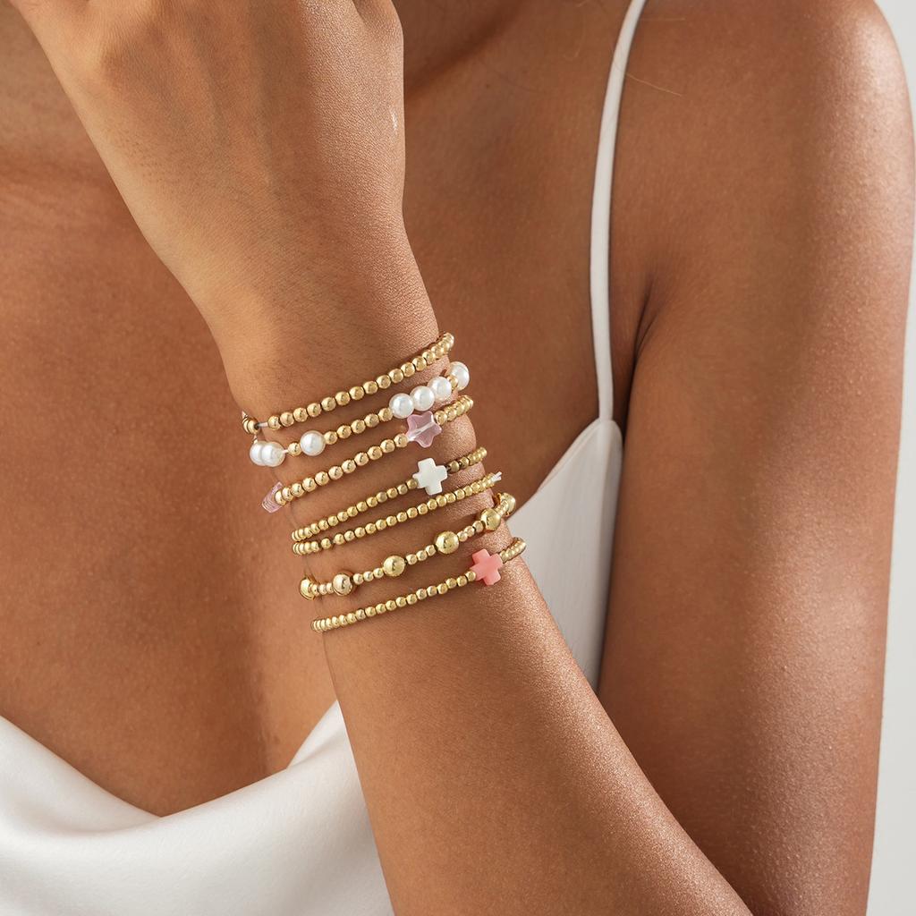Bohemian Imitation Pearl Rice Bead Beaded Bracelet, Personalized Acrylic Cross Elastic Bracelet.