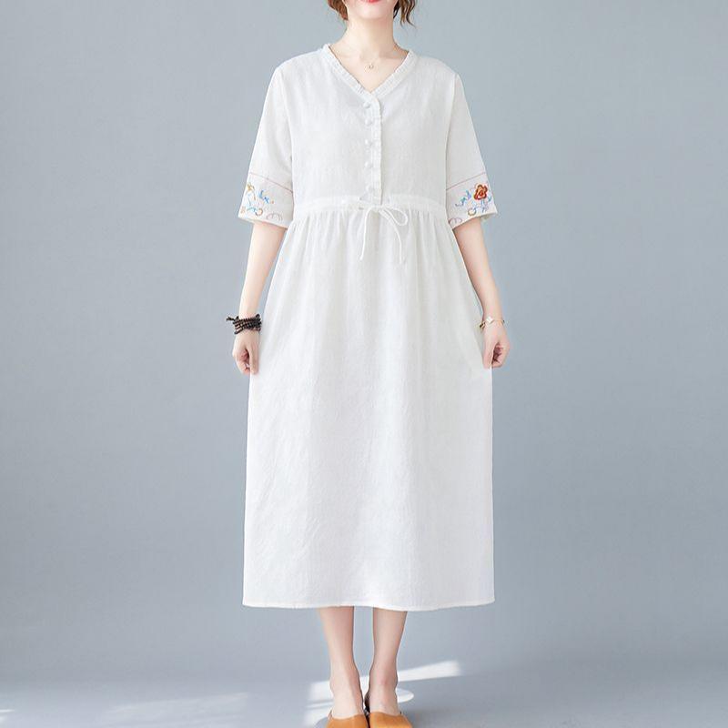 Summer New Fashion Vestidos Women Casual Elegant Cotton Ramie Embroidery Loose Plus Size Vintage Beach Midi Dress M-2XL