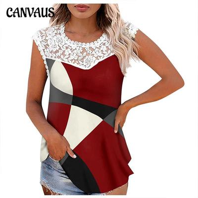 Summer Women's T-shirt Crewneck Lace Stitching Geometric Pattern Printed Vest Tops