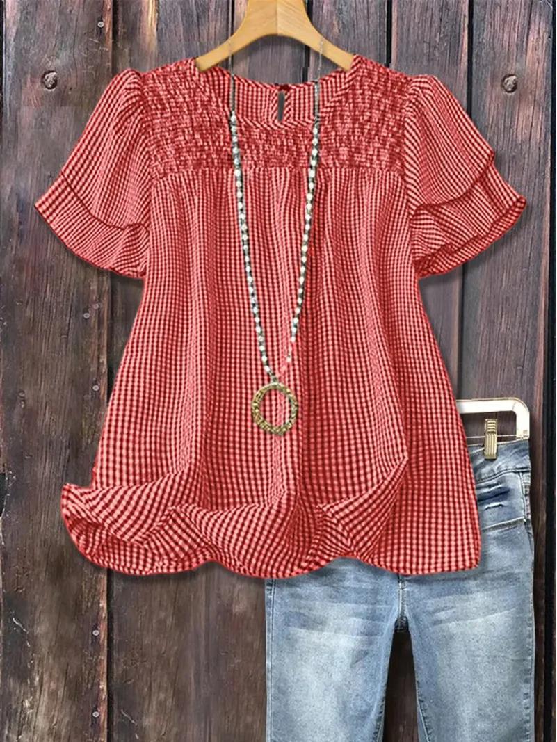 

Plaid Ruffled Short Sleeve Top M червоний