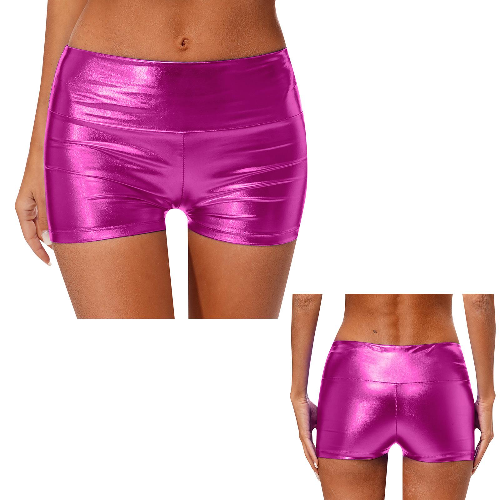 Pantaloncini da rave metallizzati lucidi da donna hot pants rave da ballo fondo a vita alta boyshort S