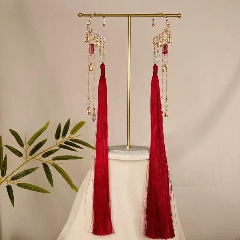 Mountain Ghost Flower Copper Coin Earrings with Tassels - Unisex Hanfu Style Ear Cuffs