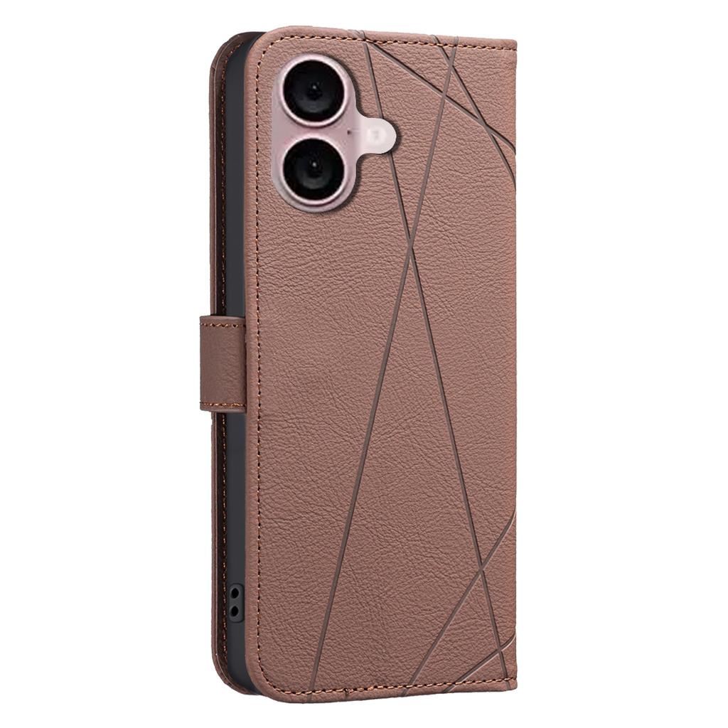 For iPhone 16 Plus Case BINFEN COLOR BF35 Geometry Imprinted Leather Phone Cover RFID Blocking Wallet Stand