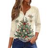 Women's Fashion Casual Christmas Tree Print V-Neck Decorative Button Three-Quarter Sleeve T-Shirt Top