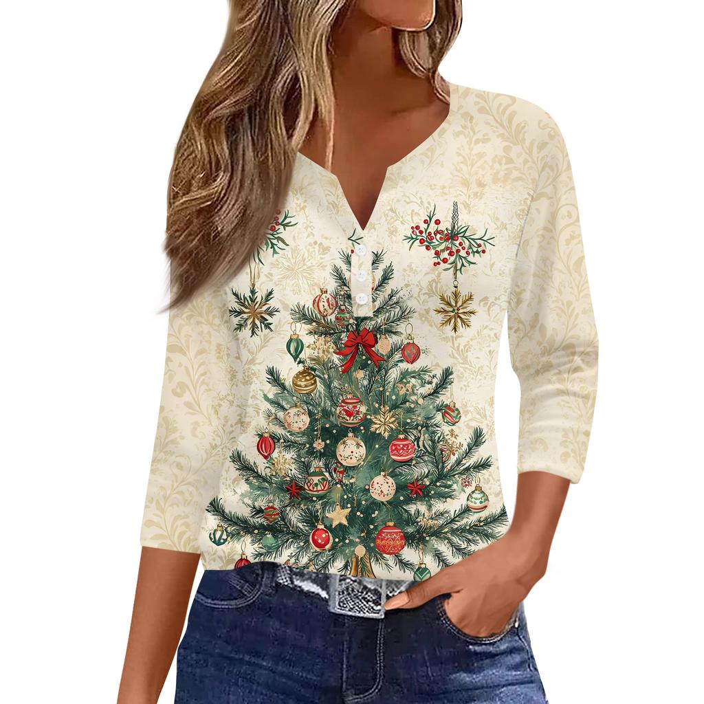 Women's Fashion Casual Christmas Tree Print V-Neck Decorative Button Three-Quarter Sleeve T-Shirt Top