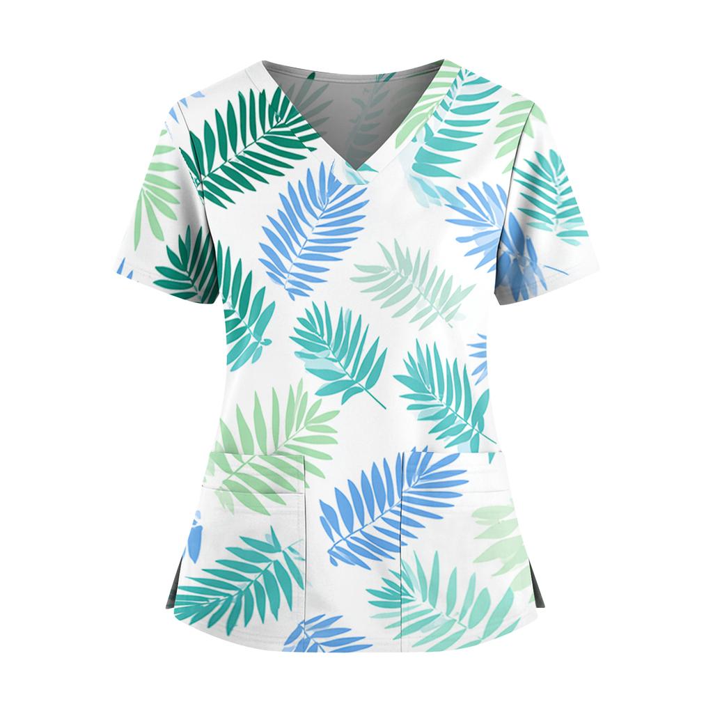 Women's Hawaiian Print V-Neck Double Pocket Short Sleeve Uniform/ Top