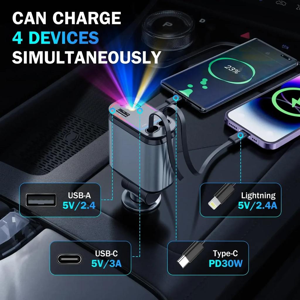 Upgraded 120W PD+USB Quick Charger with 2 Retractable Cable Fast Charging Car Phone Charge with Ambient Light Car Roof Light 4in1 Power Adapter