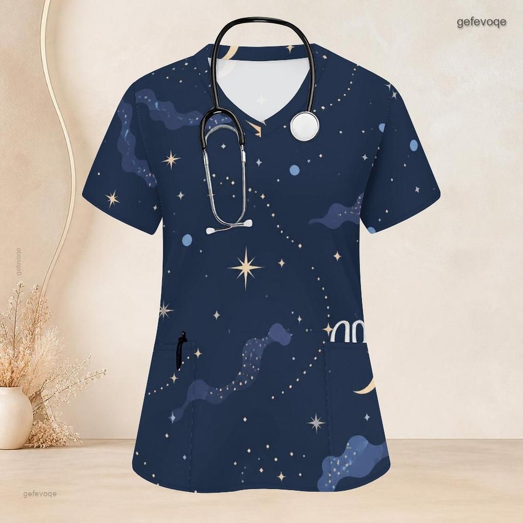Women Plus Size V Neck Short Sleeve Scrub Top Boho Abstract Multicolor Heart Star Print Nurse Uniform Top