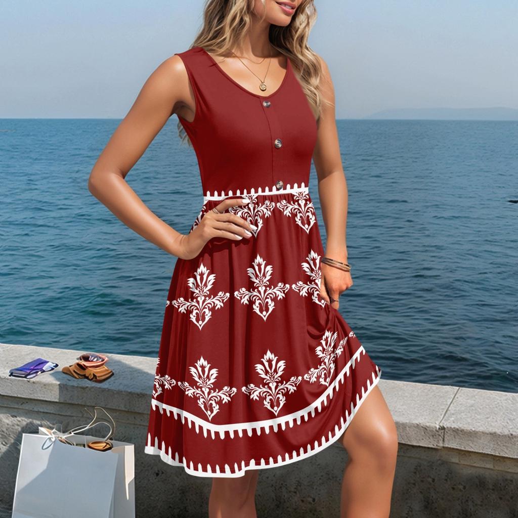 Damen Lässige Ärmellose Sommerkleider Frühling Rundhals Patchwork Boho Floral Cocktailparty Kleid