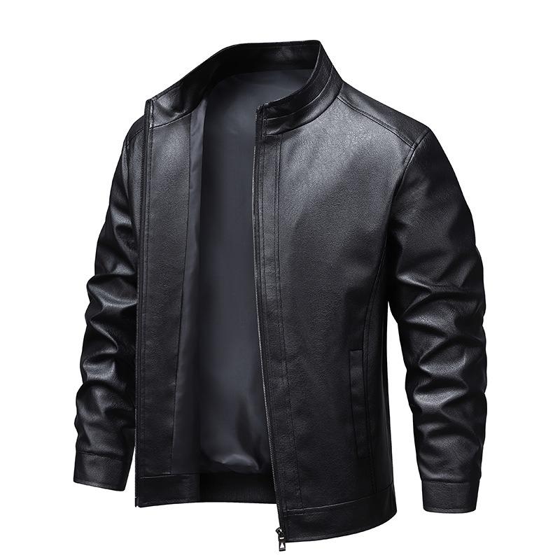 Leather Jacket Men's Coat Trend Season New Retro Solid Color Stand-up Collar Slim Trend Leather Jacket Men