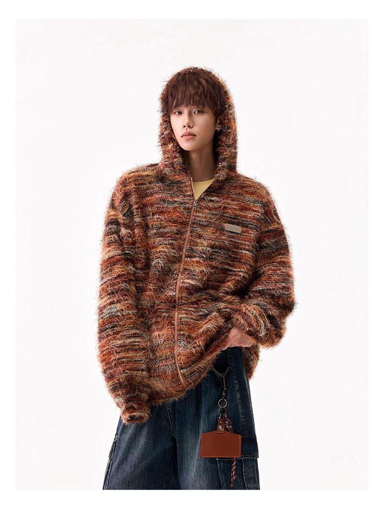 Unisex Gradient Striped Hooded Sweatshirt - Retro Winter Cardigan Style with Oil Painting Knit Design