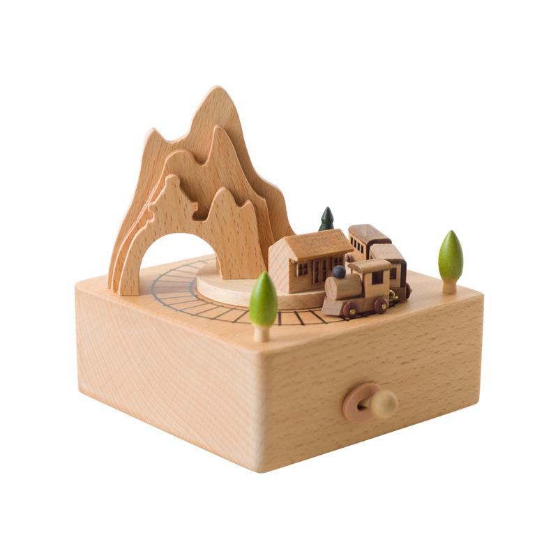 Wooden Carousel Music Box Ornaments Rotatable Hand-cranked Music Box DIY Handmade Birthday Christmas Gift Children’s Toys