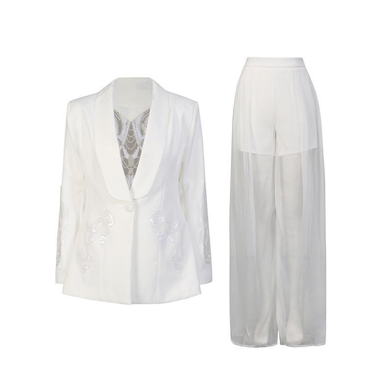 

Light Luxurious Dress Suit Collar Hollowed-out Diamond-encrusted Top + High-waist Wide-leg Pants Women L білий