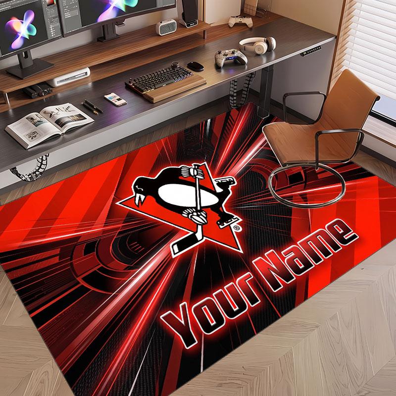 Custom Rug Pittsburgh Penguins Pattern Print Name Text Soft Non‑Slip Floor Carpet for Home Indoor Decoration