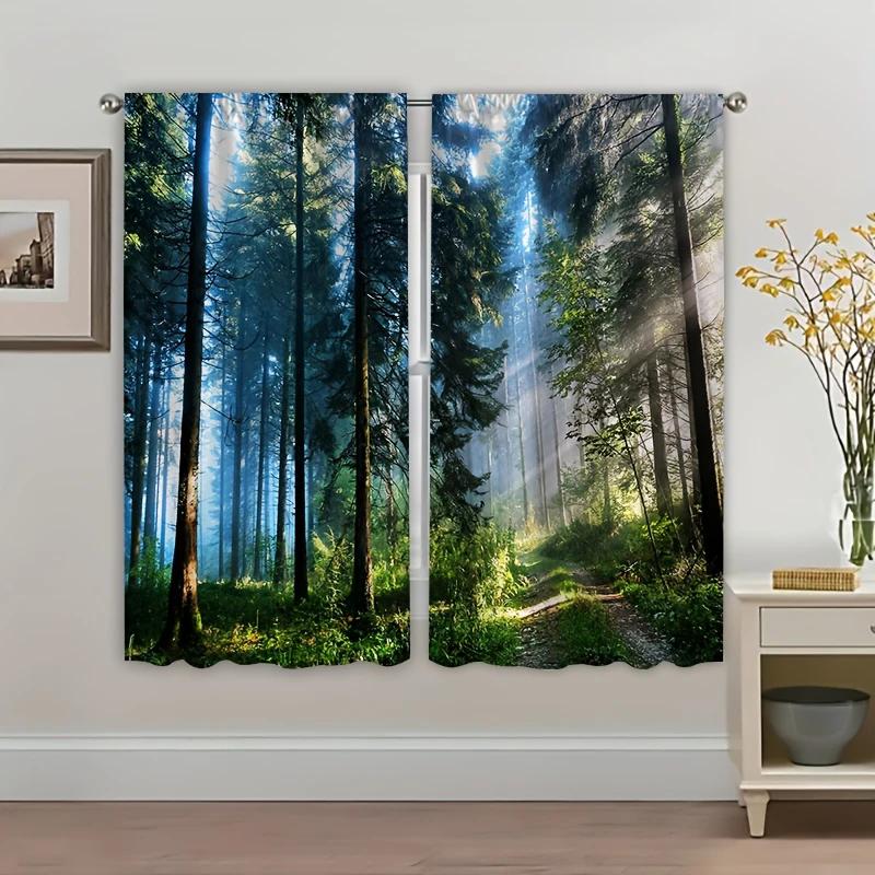 2PCS- Beautiful Forest Pattern Printed Curtains, Pole Bag Curtains, Home Decoration, Room Decoration