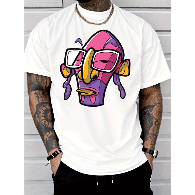 Men'S Casual Crew Neck Short Sleeve T-Shirt Cartoon Stylized Face Graphic Street Style Adult Male Fashion
