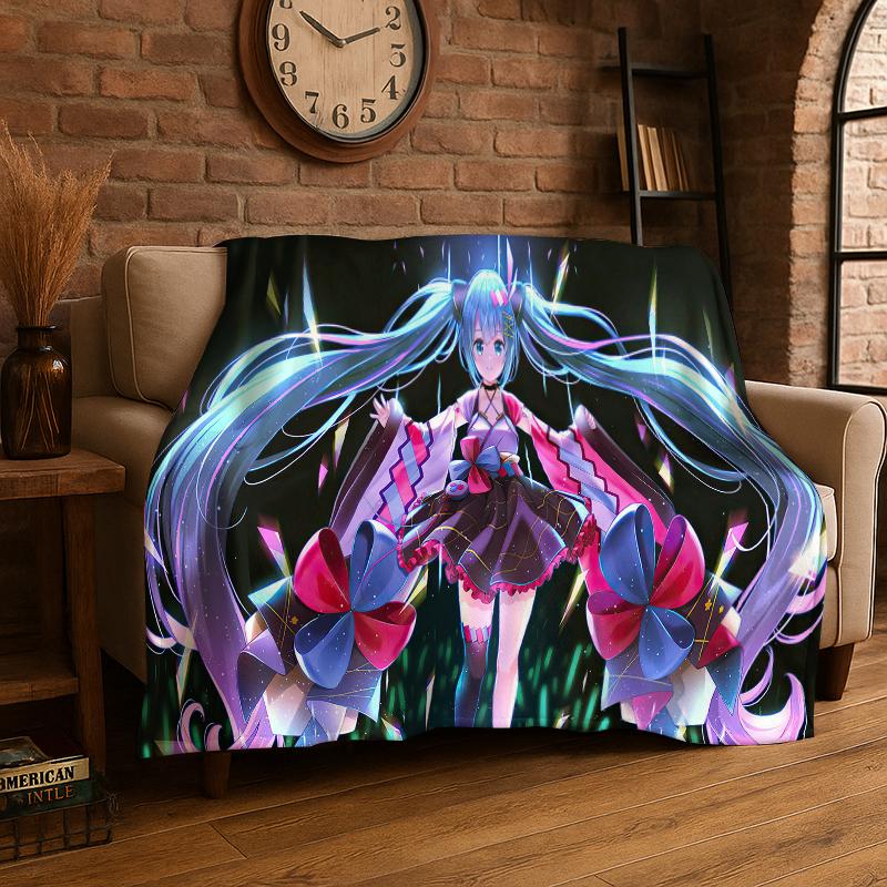 

Music Girl M-MIKU Cartoon Flannel Blanket Soft Warm Throw Blanket for Bedroom Living Room Bed Travel Camping Picnic Gift 75x90cm