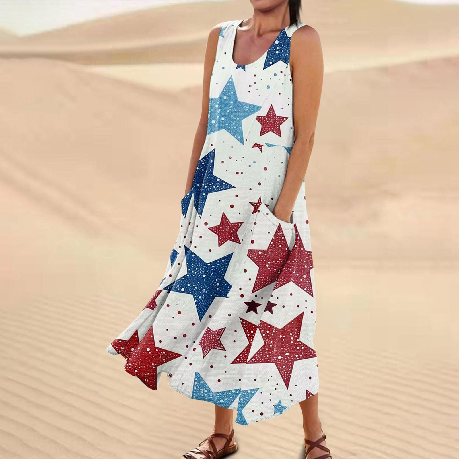 

Жіноча повсякденна зручна бавовняна сукня з кишенями без рукавів до Дня незалежності XL білий