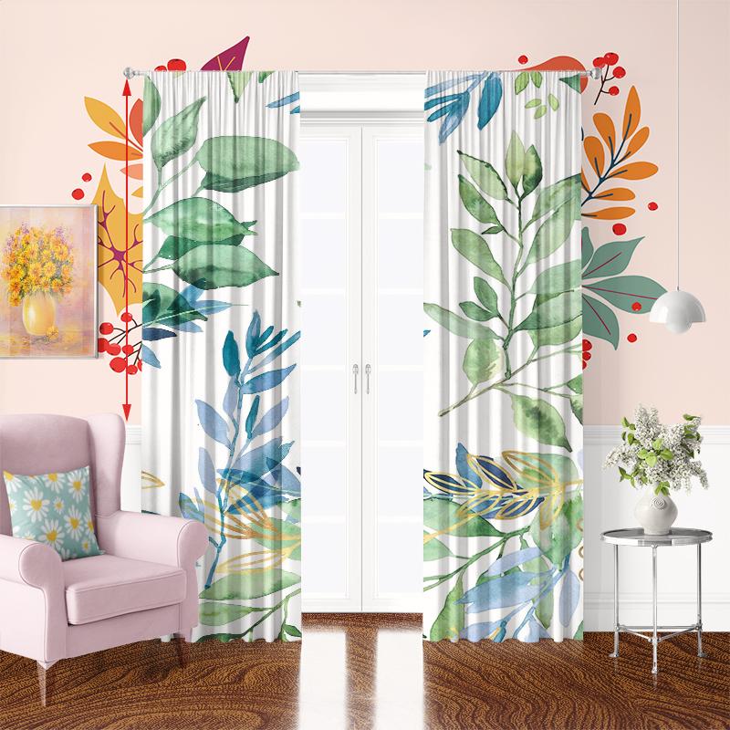 2Pcs- Green leaf - Printed curtain -100% polyester material for bedroom curtains and living room decoration.