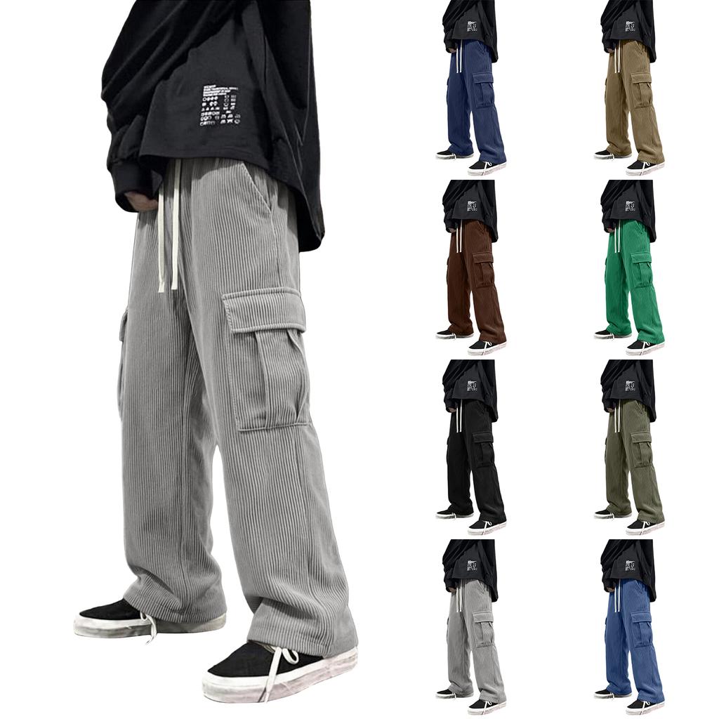 Men's Retro Corduroy Straight Leg Pants with and Multiple Pockets for Casual Wear