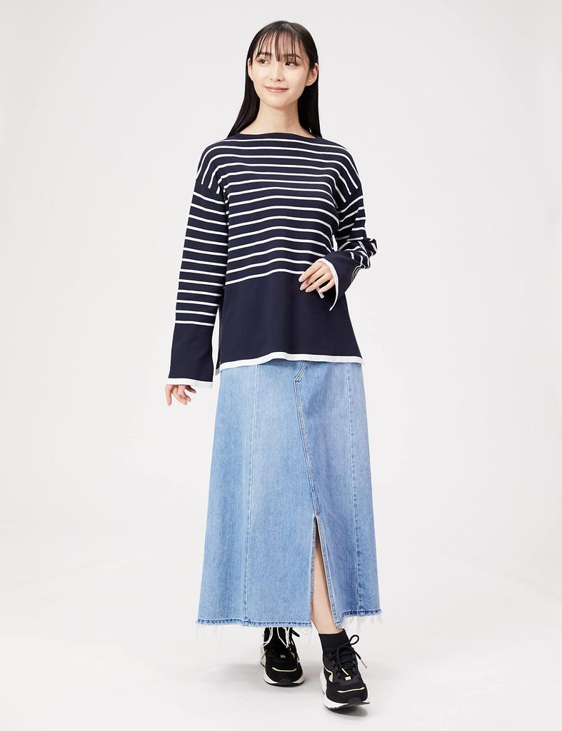Mira Owen Boat Neck Slit Striped Knit Top 09WNT221067 NVY 1 Women's