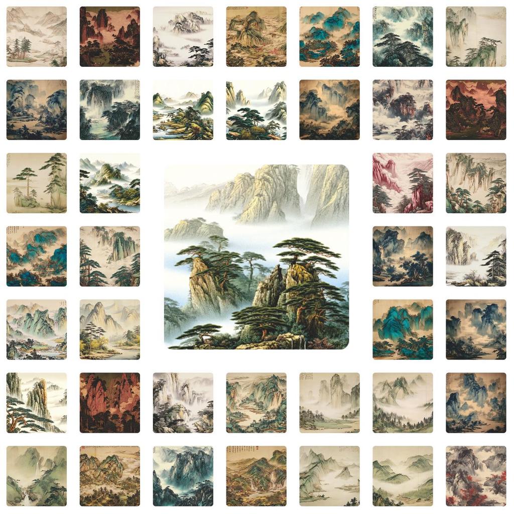 50-Sheet Set of Traditional Chinese Landscape Ink Wash Stickers: Cultural and Creative Decor for Journals, Water Bottles, and Laptops