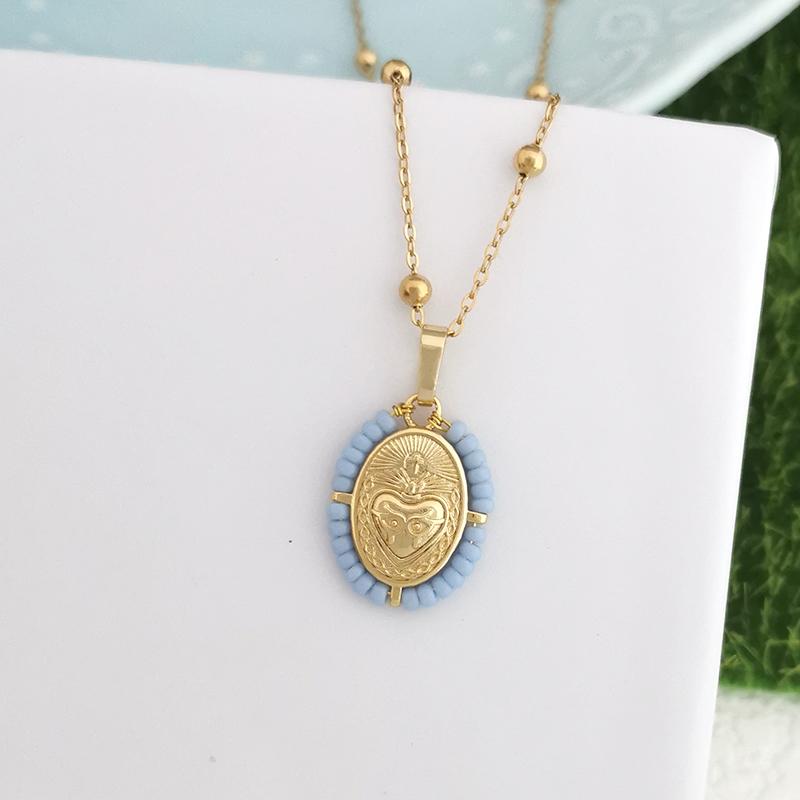 QMHJE Virgin Mary Pendant Charm Necklace Women Cross Scared Heart Jesus Choker Seed Beads Stainless Steel Chain Gold Color Mom