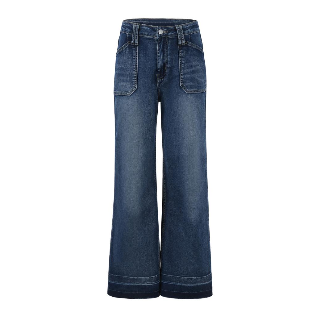 Wide Straight Leg Mid-Rise Loose Pocket Jeans (No Belt) Denim Wide Leg Pants