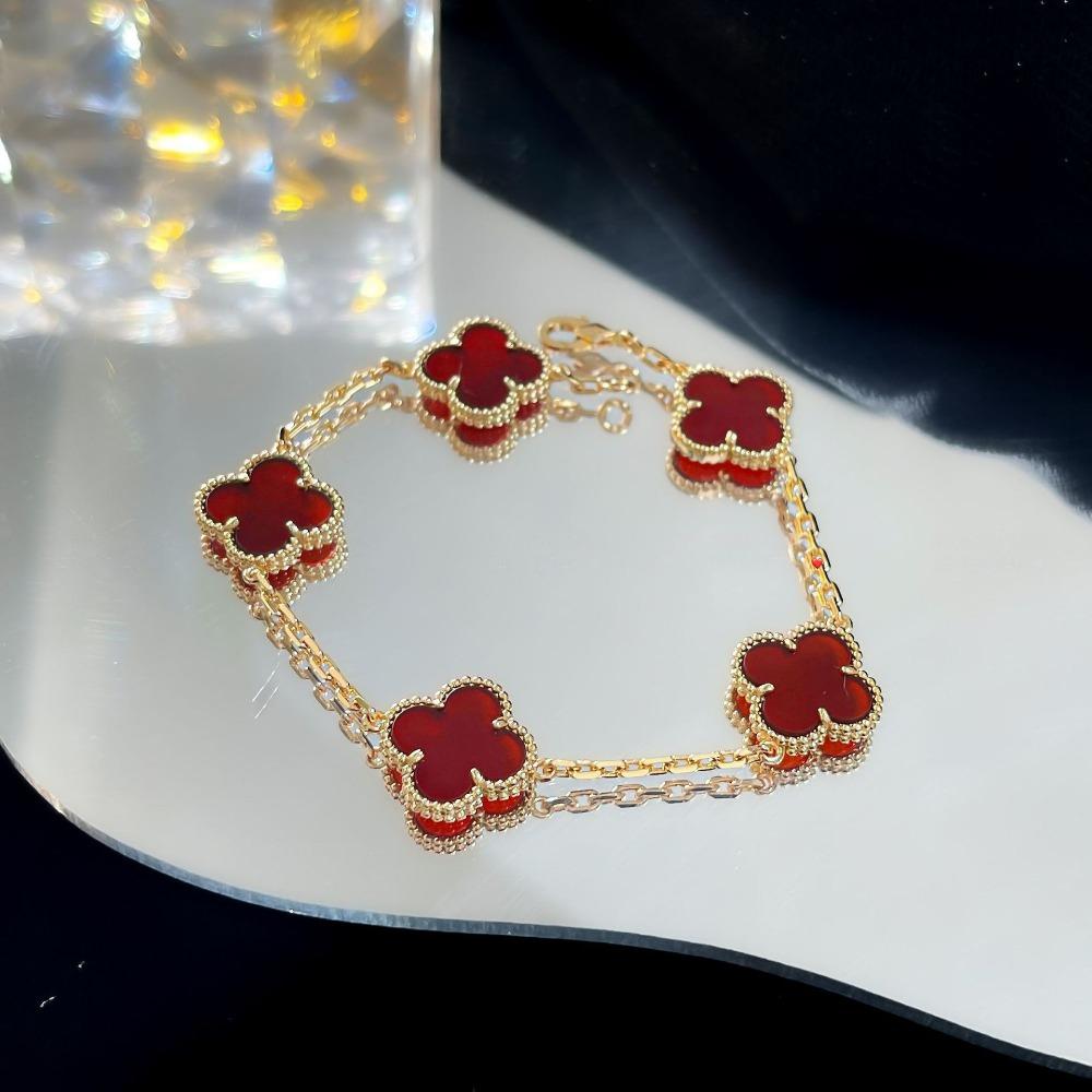 Bracelet Trèfle à Quatre Feuilles Version Haute Cinq Fleurs Calcédoine Violette Naturelle Gravé Laser CNC 18K Ne Se Décolore Pas Bracelet pour Dames