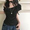 Pure Desire Polka Dot Lace-Up One-Shoulder T-Shirt - Women's Summer Trendy Slim Fit